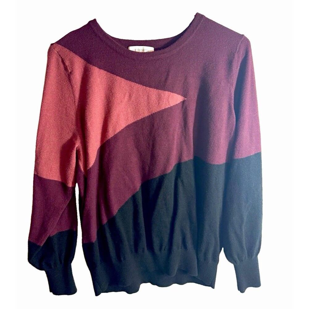 Liz Claiborne Womens L Burgundy Black Colorblock Knit Crewneck Pullover Sweater